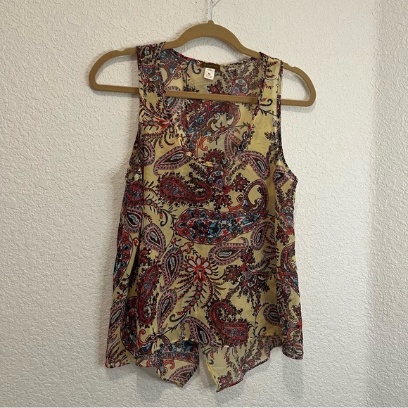 Copper Key Paisley Sheer Sleeveless Split Back Top Yellow Red Blouse Womens M - Picture 10 of 10